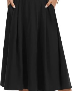Womens Midi Flowy Skirts A-Line Casual Skirt with Pockets S-2XL | Pleated Elastic High Waisted. Below-The-Knee. Flared Hem. Lightweight Skirt for Summer Outfits