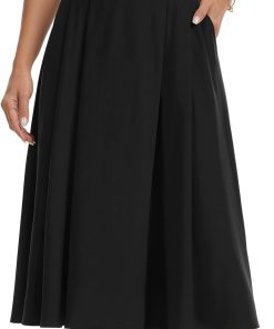 Alternative view of Womens Midi Flowy Skirts A-Line Casual Skirt with Pockets S-2XL | Pleated Elastic High Waisted. Below-The-Knee. Flared Hem. Lightweight Skirt for Summer Outfits