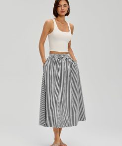 Alternative view of LOMON Midi Skirts for Women with Pockets A-Line Cotton Flowy Elastic Waist | Maxi Skirt Boho Summer Beach Casual Dress Outfit