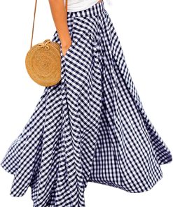 Women's Gingham Plaid Maxi Skirt High Waist A-Line Pleated Summer Skirt | Classic Vintage Swing Flared Long Skirt Soft Breathable Lightweight Comfy Casual Wear For Daily Outings Beach and Vacation