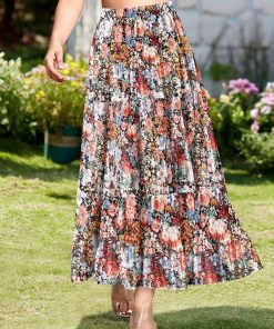 Alternative view of Basoteeuo Womens Skirts Chiffon Pleated High Waisted Maxi Elastic Waist A-Line Long Trendy Summer Casual Ladies Skirt