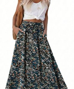 Women's Print Midi Skirt with Pocket Elastic High Waist 2026 Trendy A-Line Bohe Leopardr Swing Skirts for Women